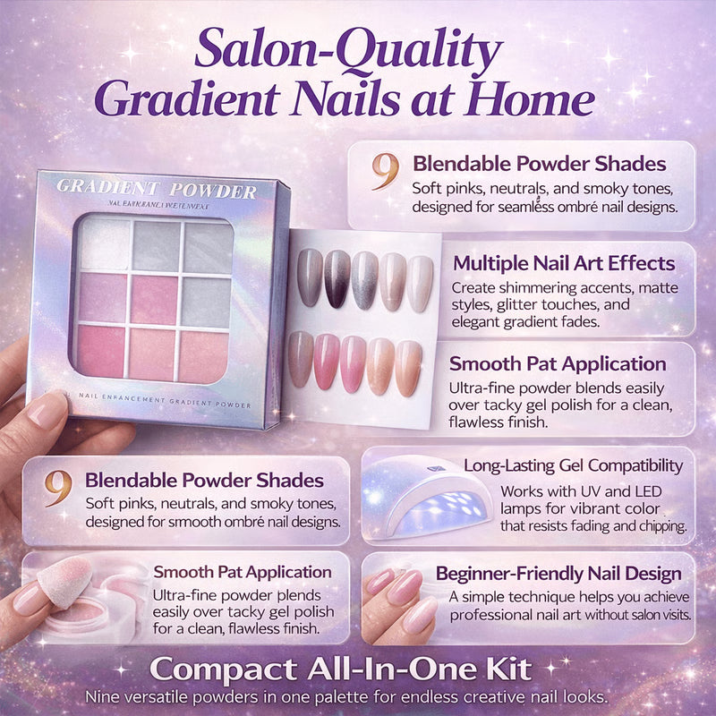 9-Color UV Nail Powder Kit - Matte, Shimmer & Gradient Effects for DIY Manicures